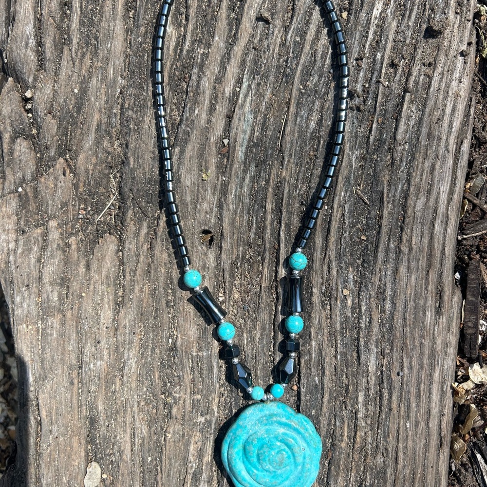Turquoise howlite and Black Beaded Necklace